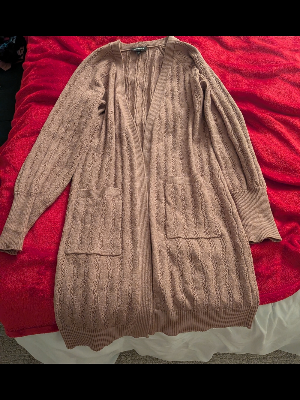 Express WOMEN'S Cozy Long Cable Knit Open-Front Cardigan Sweater - Taupe